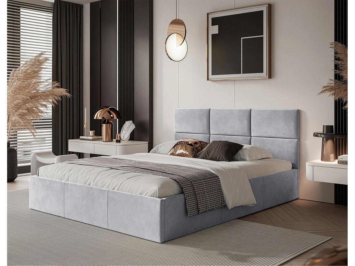 Lit coffre - 140x200 cm - en tissu velours gris clair - NESTIO