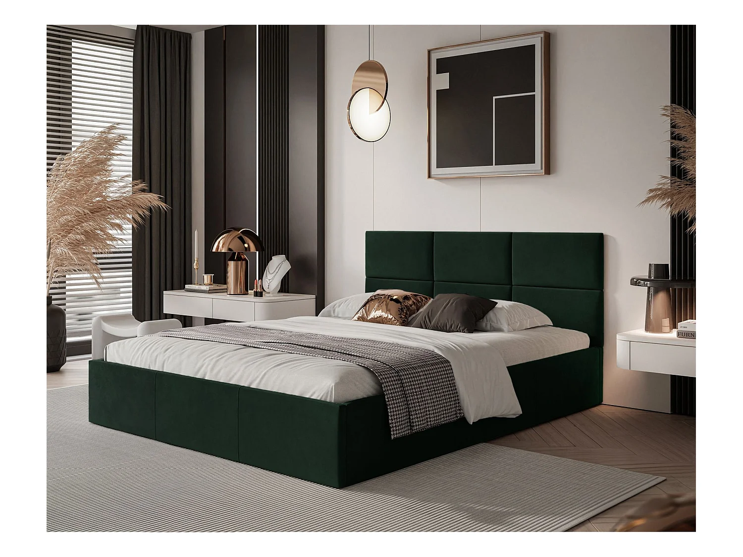 Lit coffre - 160x200 cm - en tissu velours vert foncé - NESTIO