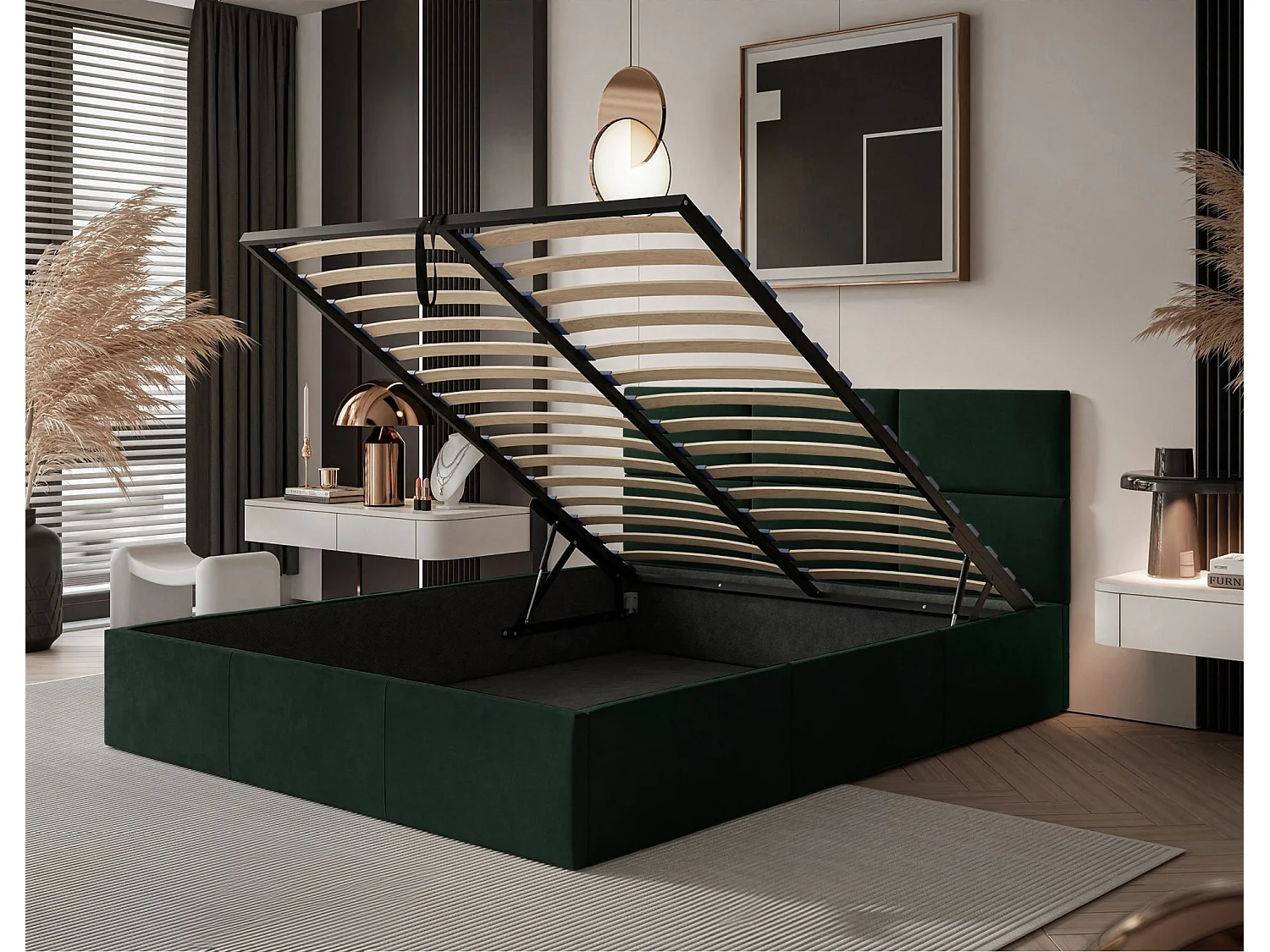 Lit coffre - 160x200 cm - en tissu velours vert foncé - NESTIO