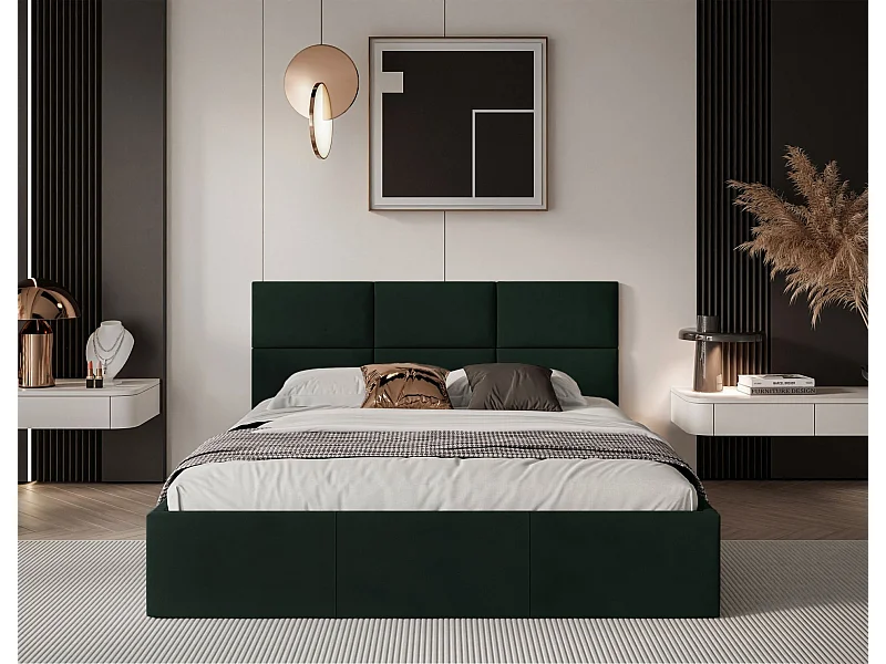 Lit coffre - 160x200 cm - en tissu velours vert foncé - NESTIO
