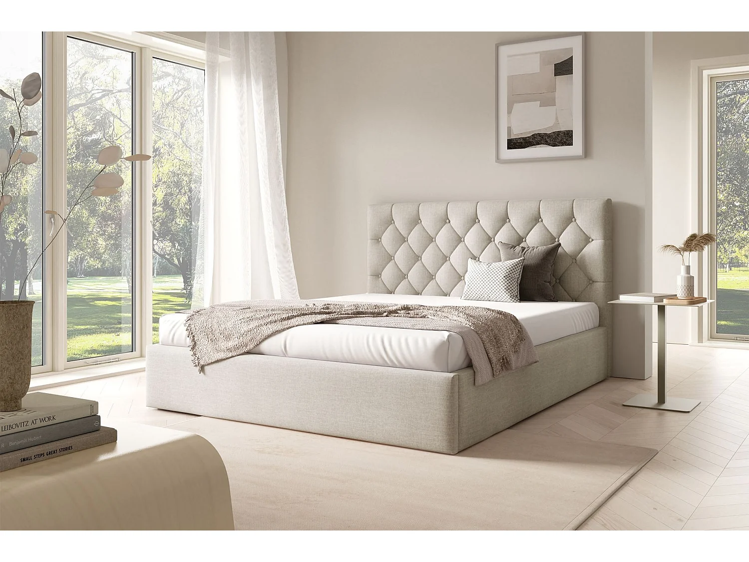 Polsterbett 160x200 - mit Bettkasten und Samtbezug - hellbeige - AUREVIA