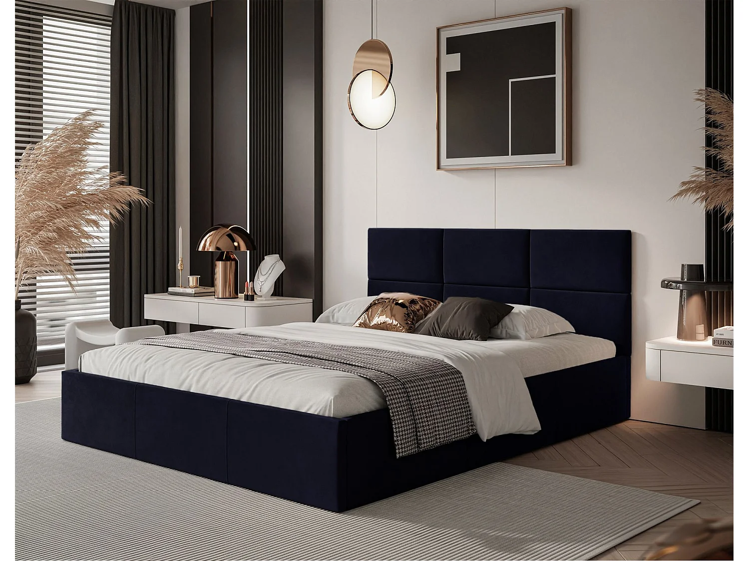 Lit coffre - 160x200 cm - en tissu velours marine - NESTIO