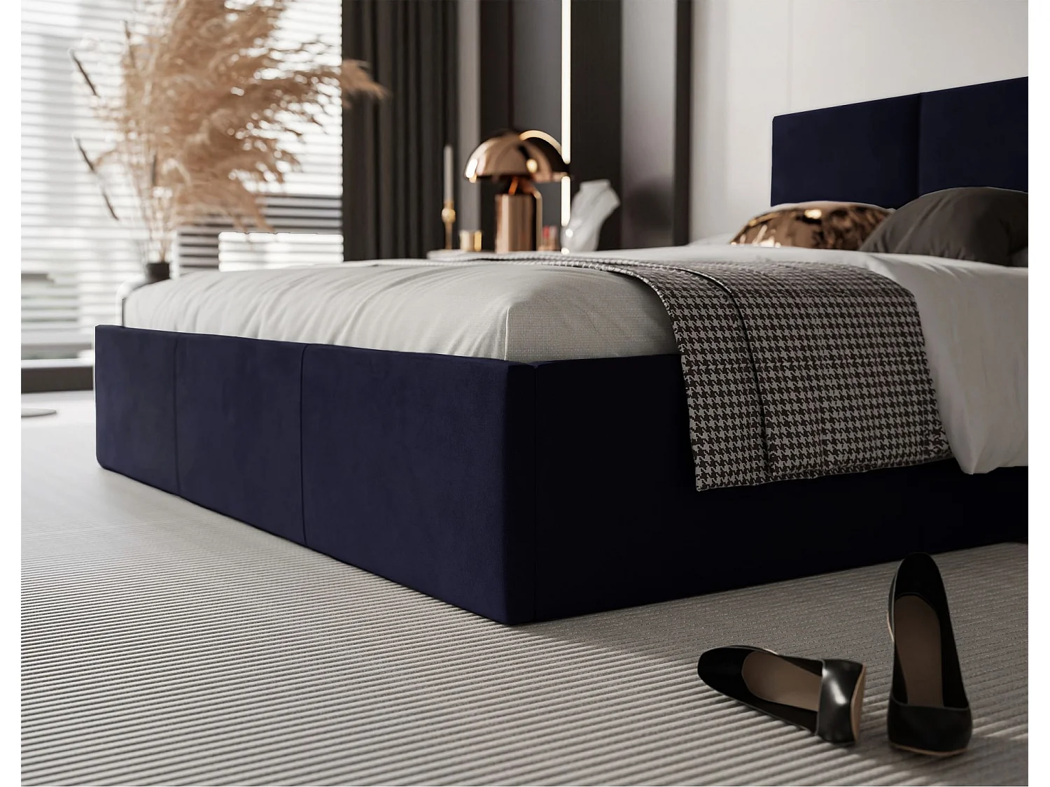 Lit coffre - 180x200 cm - en tissu velours marine - NESTIO