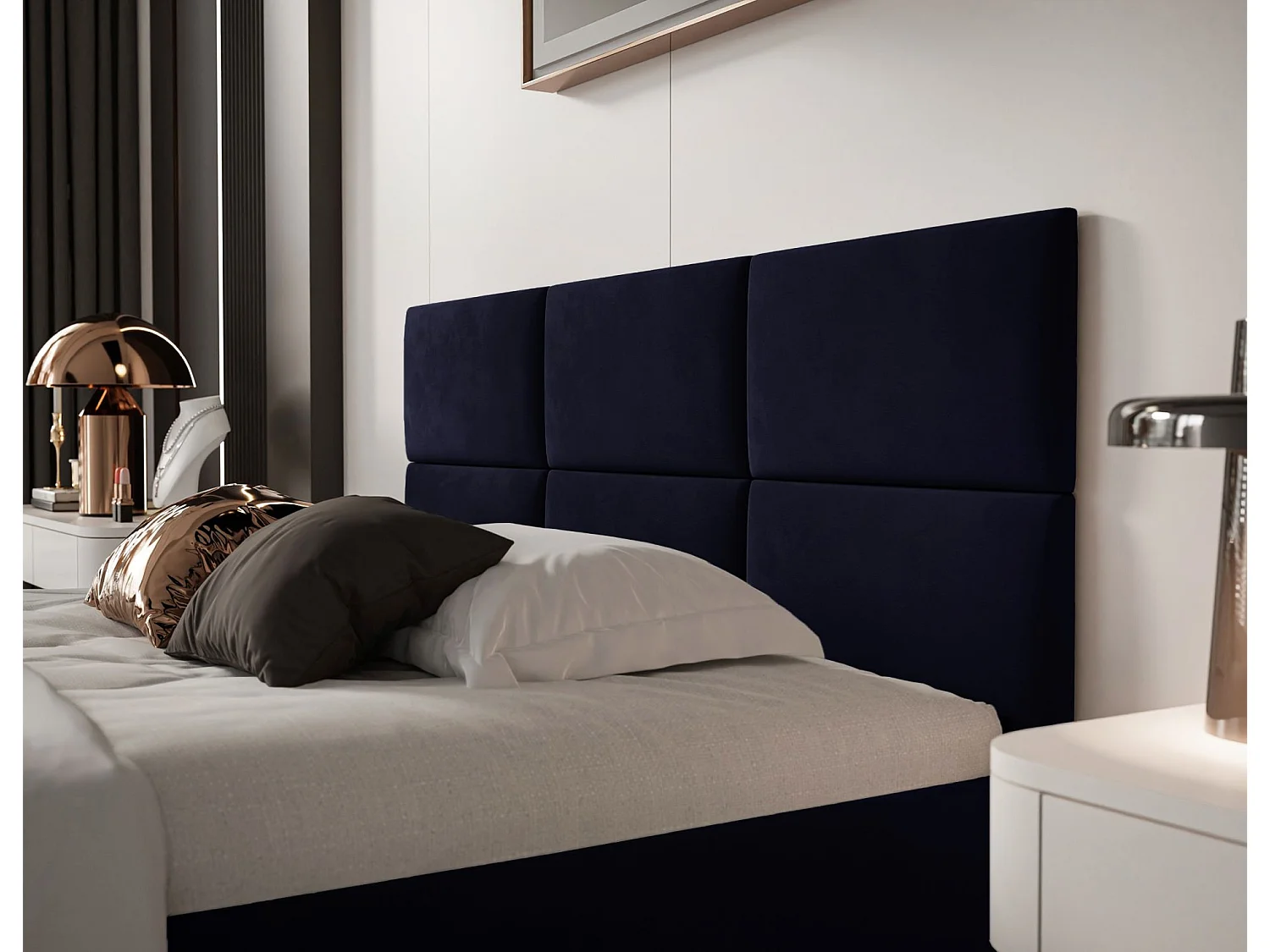 Lit coffre - 180x200 cm - en tissu velours marine - NESTIO