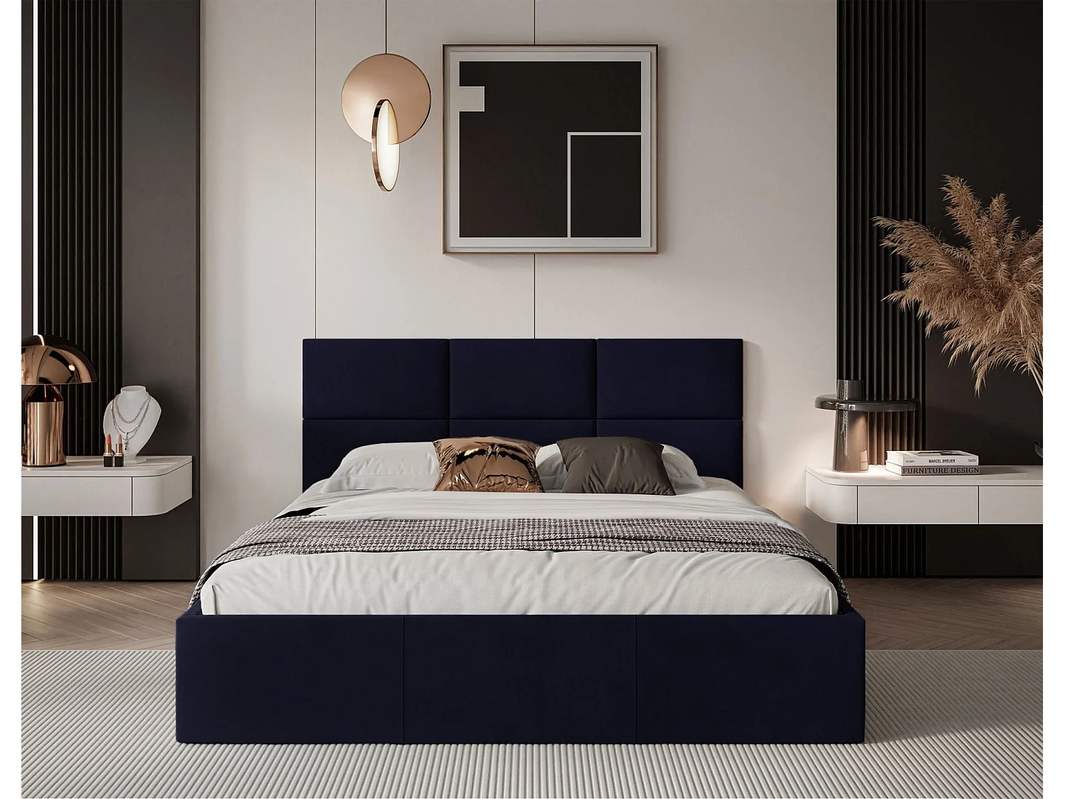 Lit coffre - 180x200 cm - en tissu velours marine - NESTIO
