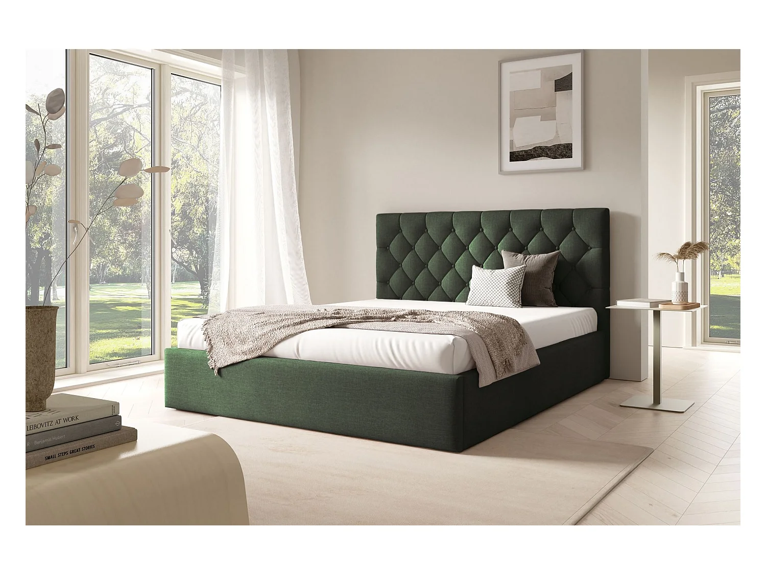 Lit rembourré 160x200 cm - avec coffre - en velours vert foncé - AUREVIA