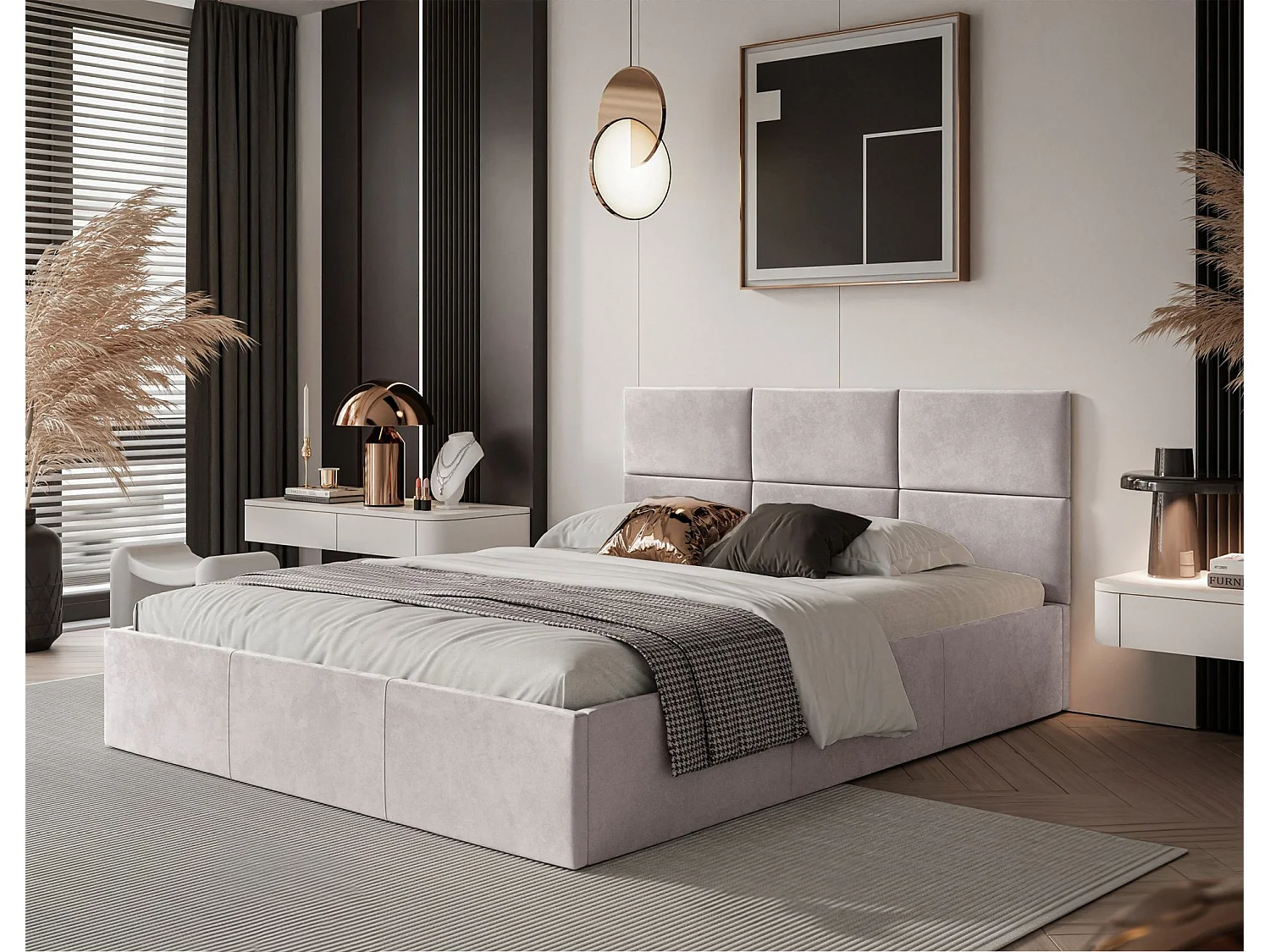 Lit coffre - 160x200 cm - en tissu velours beige clair - NESTIO