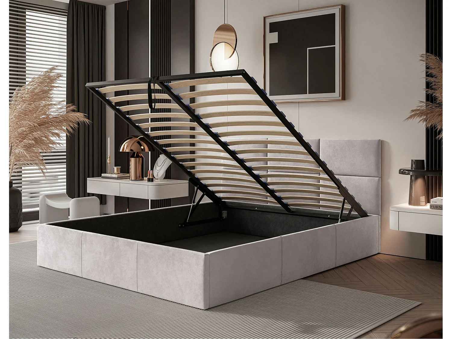 Lit coffre - 160x200 cm - en tissu velours beige clair - NESTIO