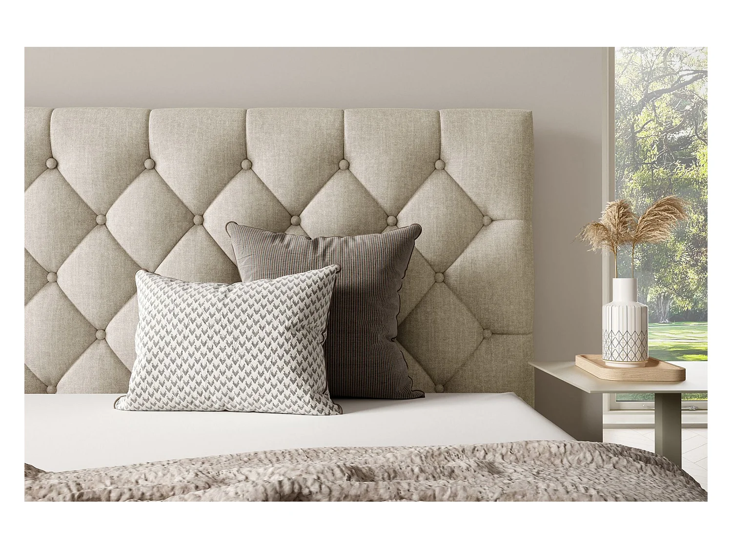 Lit rembourré 180x200 cm - avec coffre - en velours beige clair - AUREVIA