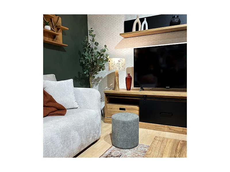 Pouf / Repose-pieds rond D. 32 cm en tissu maille gris clair – JOEL