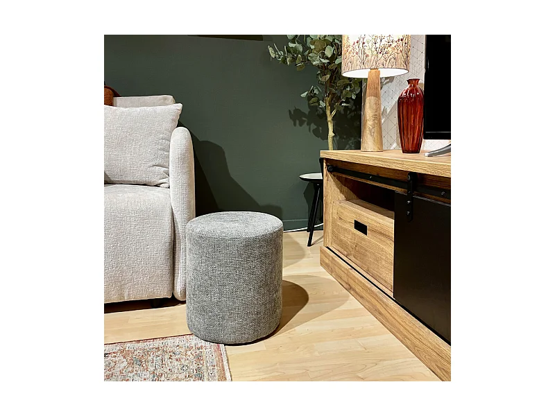 Pouf / Repose-pieds rond D. 32 cm en tissu maille gris clair – JOEL