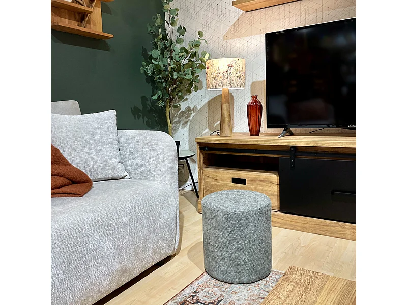 Pouf / Repose-pieds rond D. 32 cm en tissu maille gris clair – JOEL