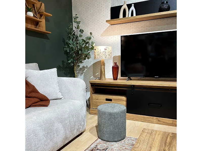 Pouf / Repose-pieds rond D. 32 cm en tissu maille gris clair – JOEL