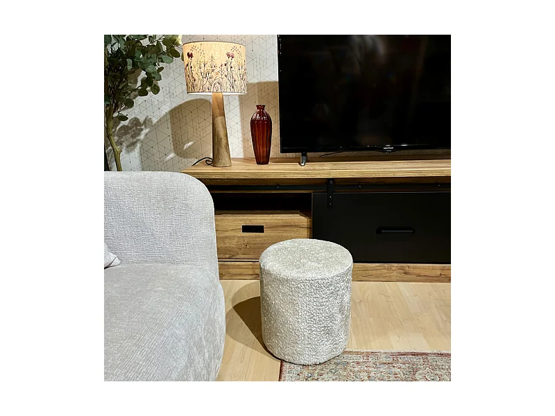 Pouf / Repose-pieds rond D. 32 cm en tissu bouclette écru – JOEL