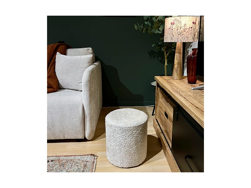Pouf / Repose-pieds rond D. 32 cm en tissu bouclette écru – JOEL
