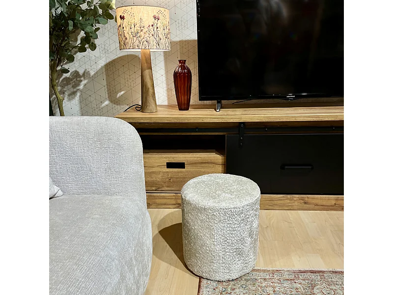 Pouf / Repose-pieds rond D. 32 cm en tissu bouclette écru – JOEL