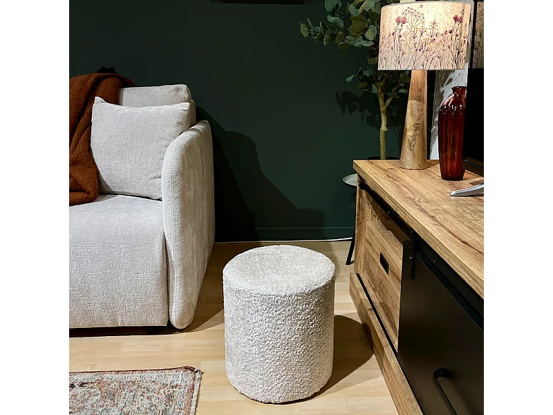 Pouf / Repose-pieds rond D. 32 cm en tissu bouclette écru – JOEL
