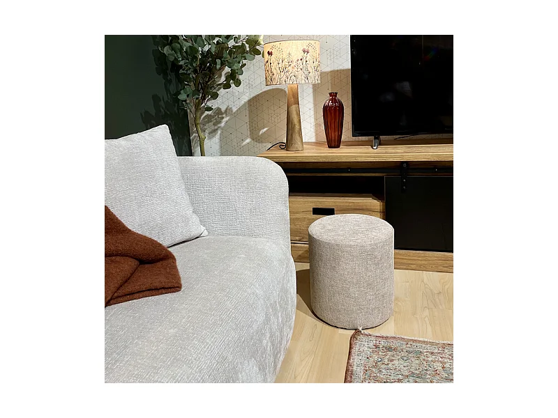 Pouf / Repose-pieds rond D. 32 cm en tissu maille taupe – JOEL