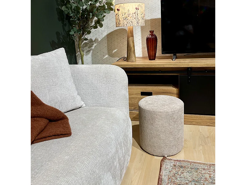 Pouf / Repose-pieds rond D. 32 cm en tissu maille taupe – JOEL