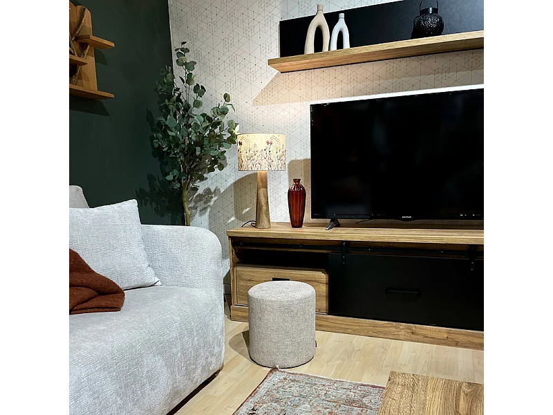 Pouf / Repose-pieds rond D. 32 cm en tissu maille taupe – JOEL