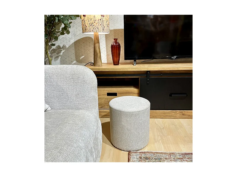 Pouf / Repose-pieds rond D. 32 cm en tissu maille écru – JOEL