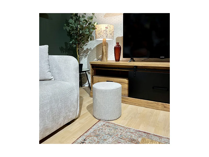 Pouf / Repose-pieds rond D. 32 cm en tissu maille écru – JOEL