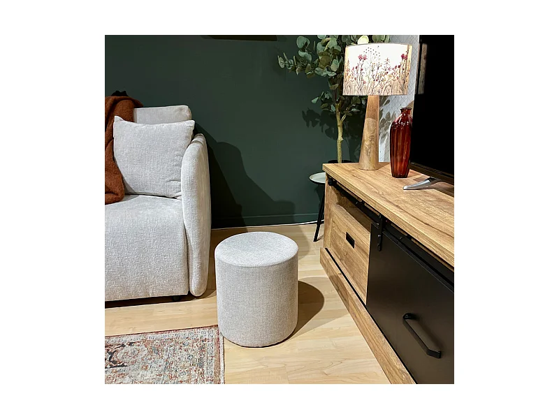 Pouf / Repose-pieds rond D. 32 cm en tissu maille écru – JOEL