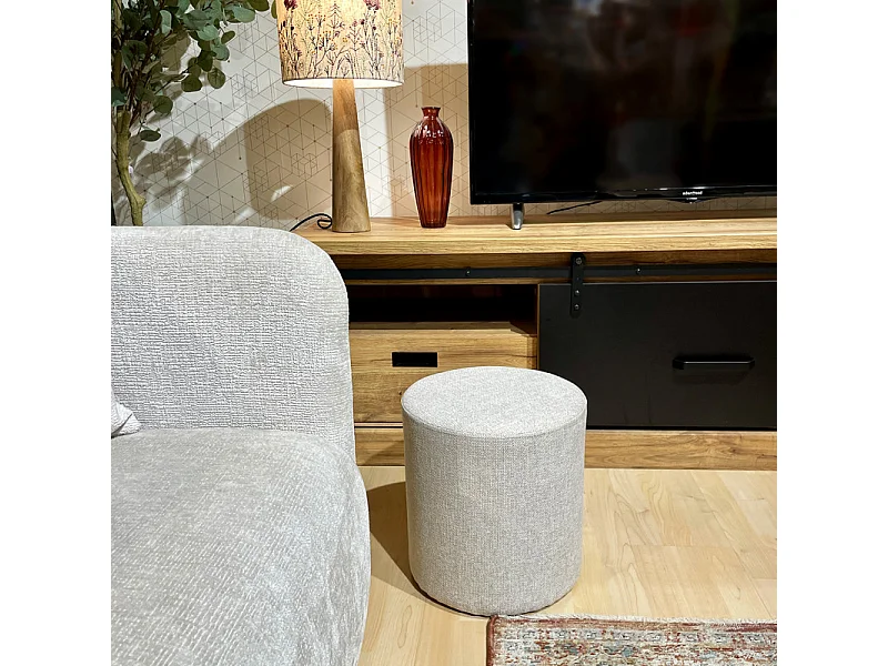 Pouf / Repose-pieds rond D. 32 cm en tissu maille écru – JOEL