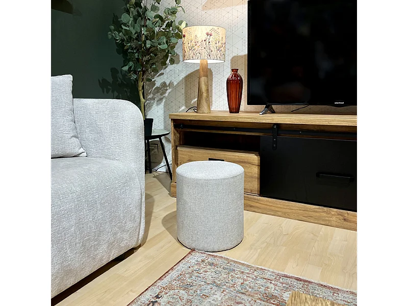 Pouf / Repose-pieds rond D. 32 cm en tissu maille écru – JOEL