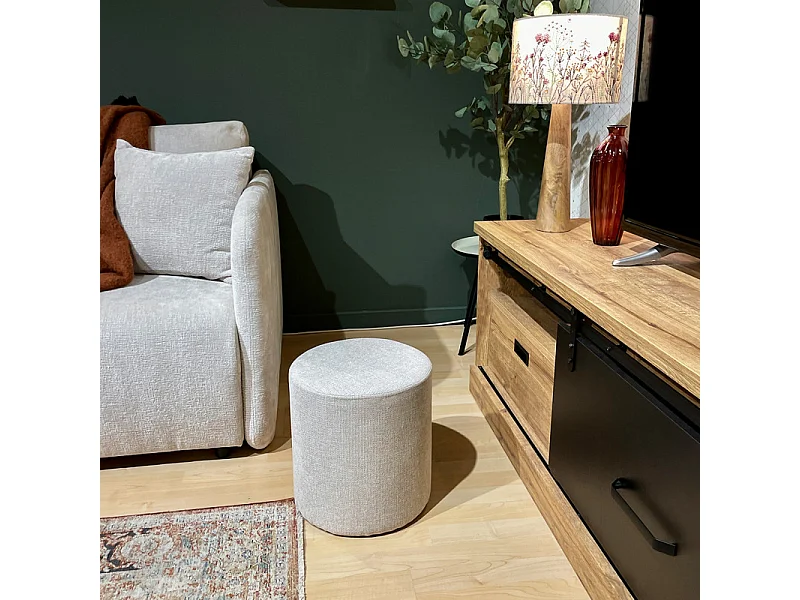 Pouf / Repose-pieds rond D. 32 cm en tissu maille écru – JOEL