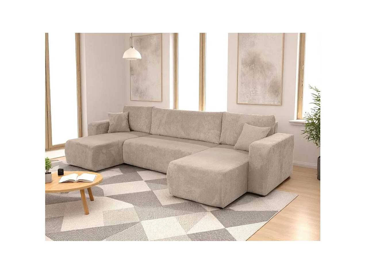 Canapé d'angle ALYA panoramique convertible 6 places en velours cotelé - Taupe