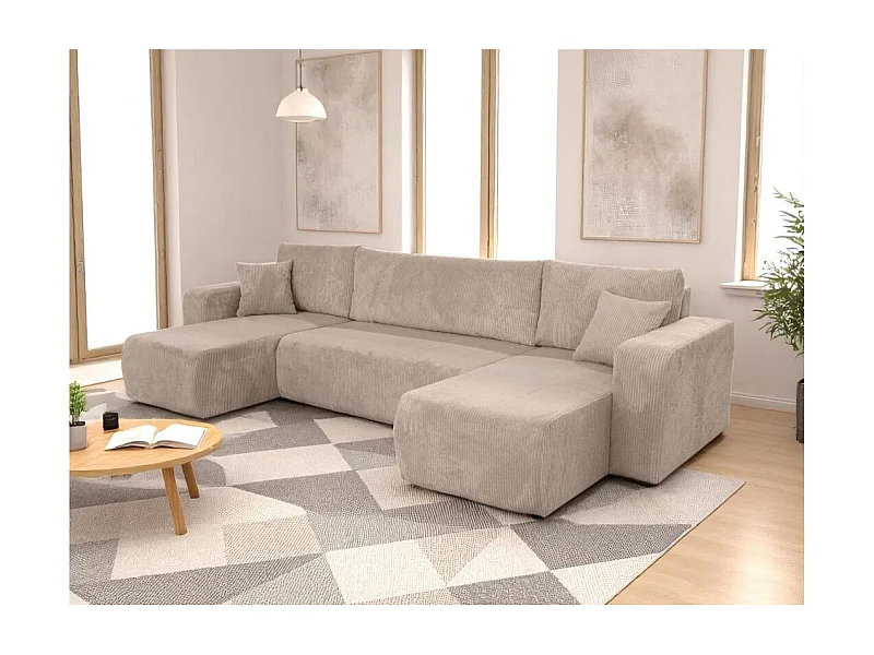 Canapé d'angle ALYA panoramique convertible 6 places en velours cotelé - Taupe