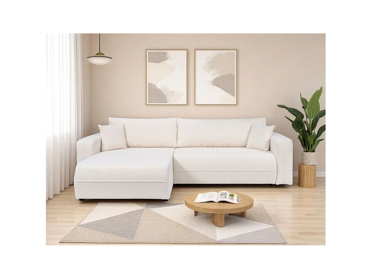 Canapé d'angle LEILA convertible et réversible 3 places en tissu bouclette - Blanc