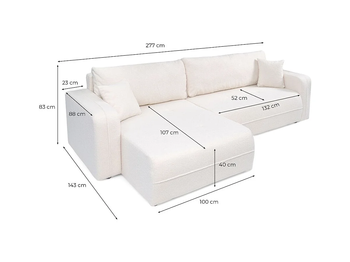 Canapé d'angle LEILA convertible et réversible 3 places en tissu bouclette - Blanc