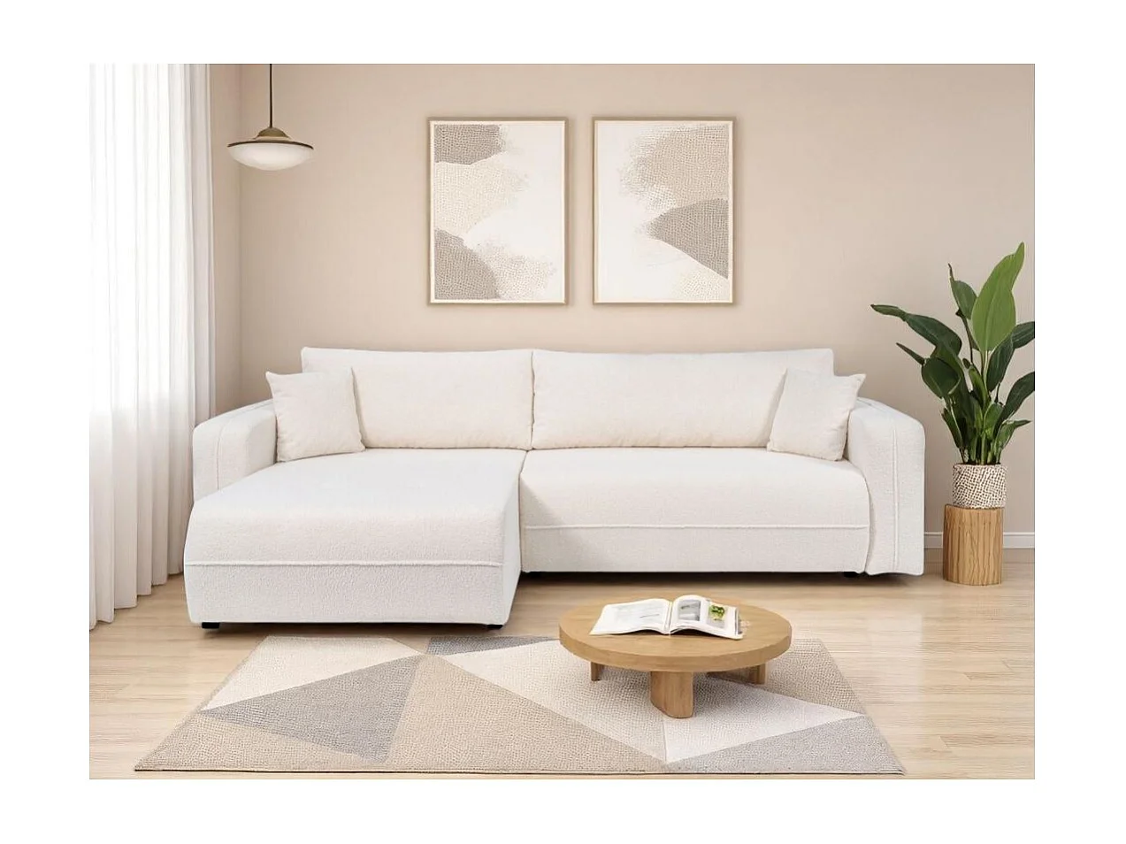 Canapé d'angle LEILA convertible et réversible 3 places en tissu bouclette - Blanc