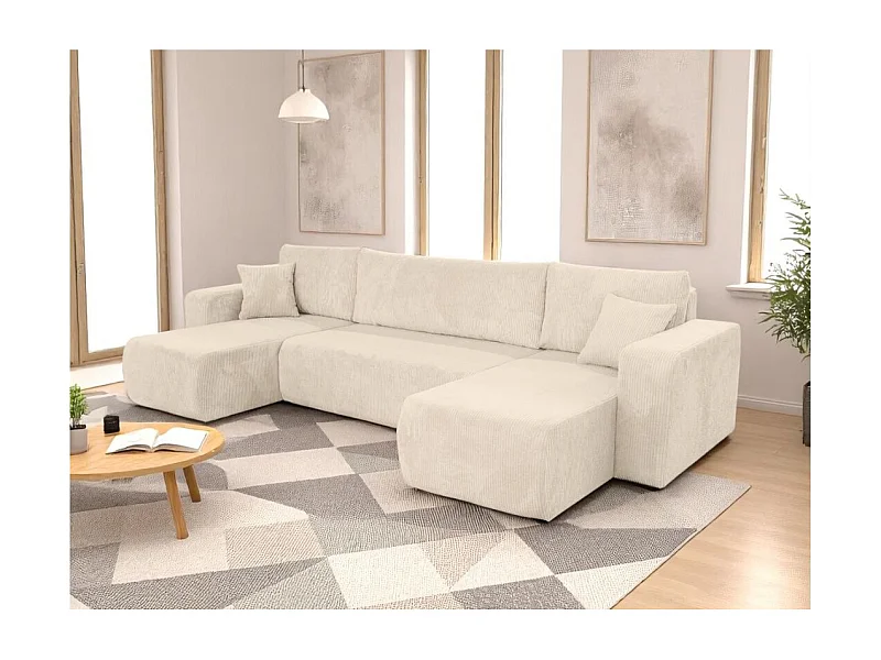 Canapé d'angle ALYA panoramique convertible 6 places en velours cotelé - Beige