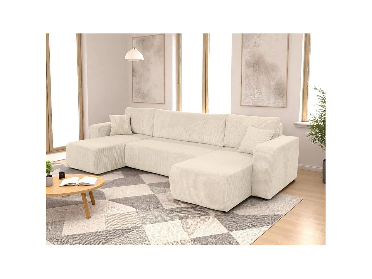 Canapé d'angle ALYA panoramique convertible 6 places en velours cotelé - Beige