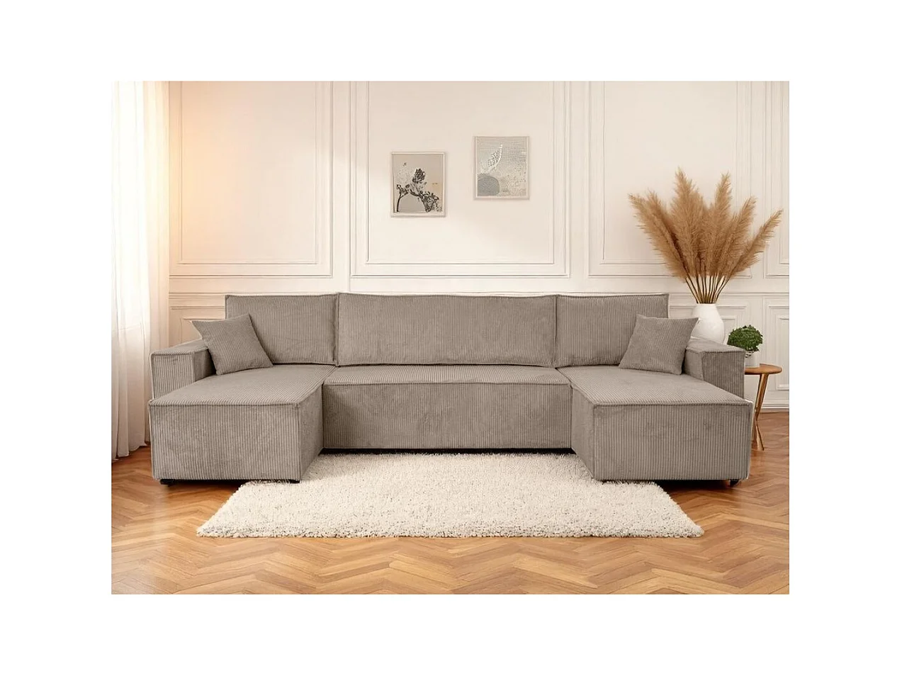 Canapé d'angle FARAH panoramique convertible 6 places en velours cotelé - Taupe