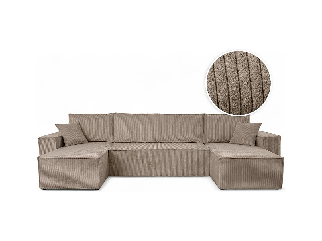 Canapé d'angle FARAH panoramique convertible 6 places en velours cotelé - Taupe