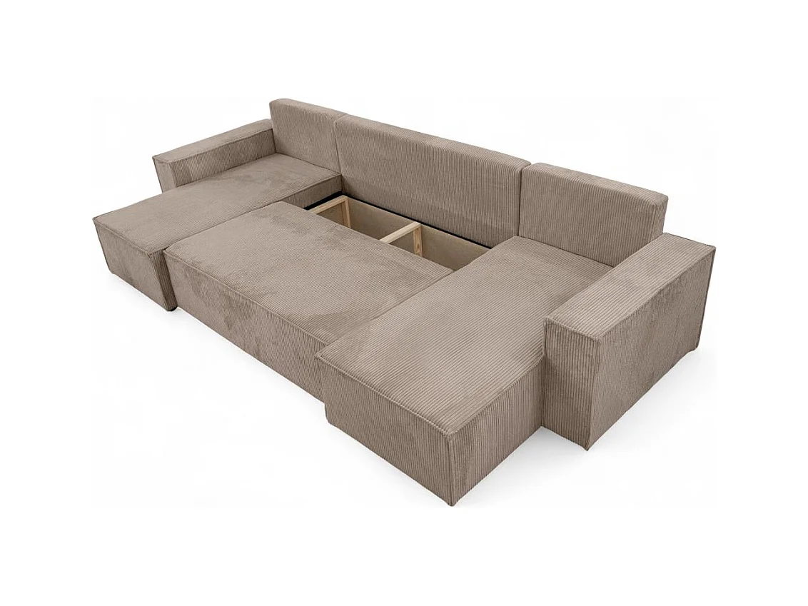Canapé d'angle FARAH panoramique convertible 6 places en velours cotelé - Taupe