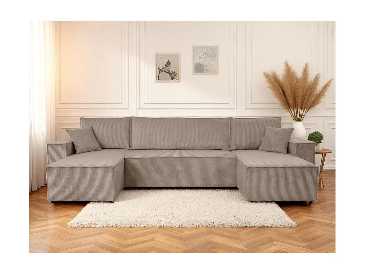 Canapé d'angle FARAH panoramique convertible 6 places en velours cotelé - Taupe