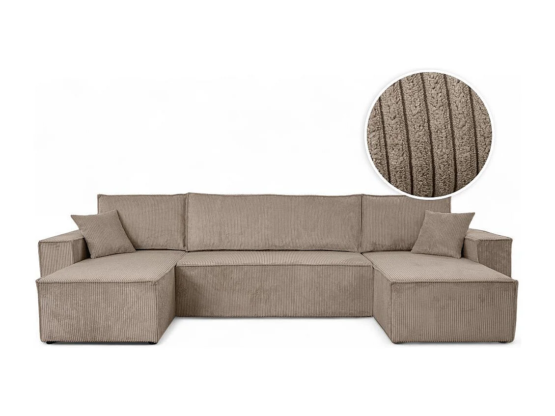 Canapé d'angle FARAH panoramique convertible 6 places en velours cotelé - Taupe