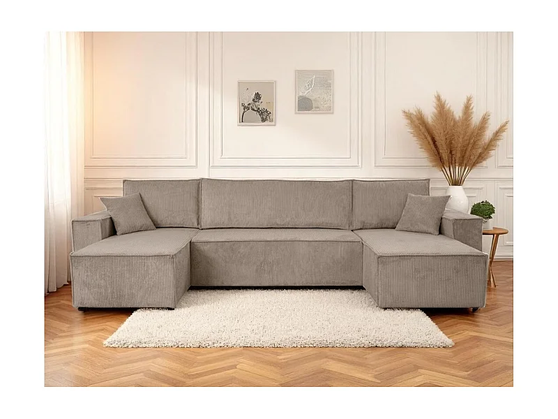 Canapé d'angle FARAH panoramique convertible 6 places en velours cotelé - Taupe