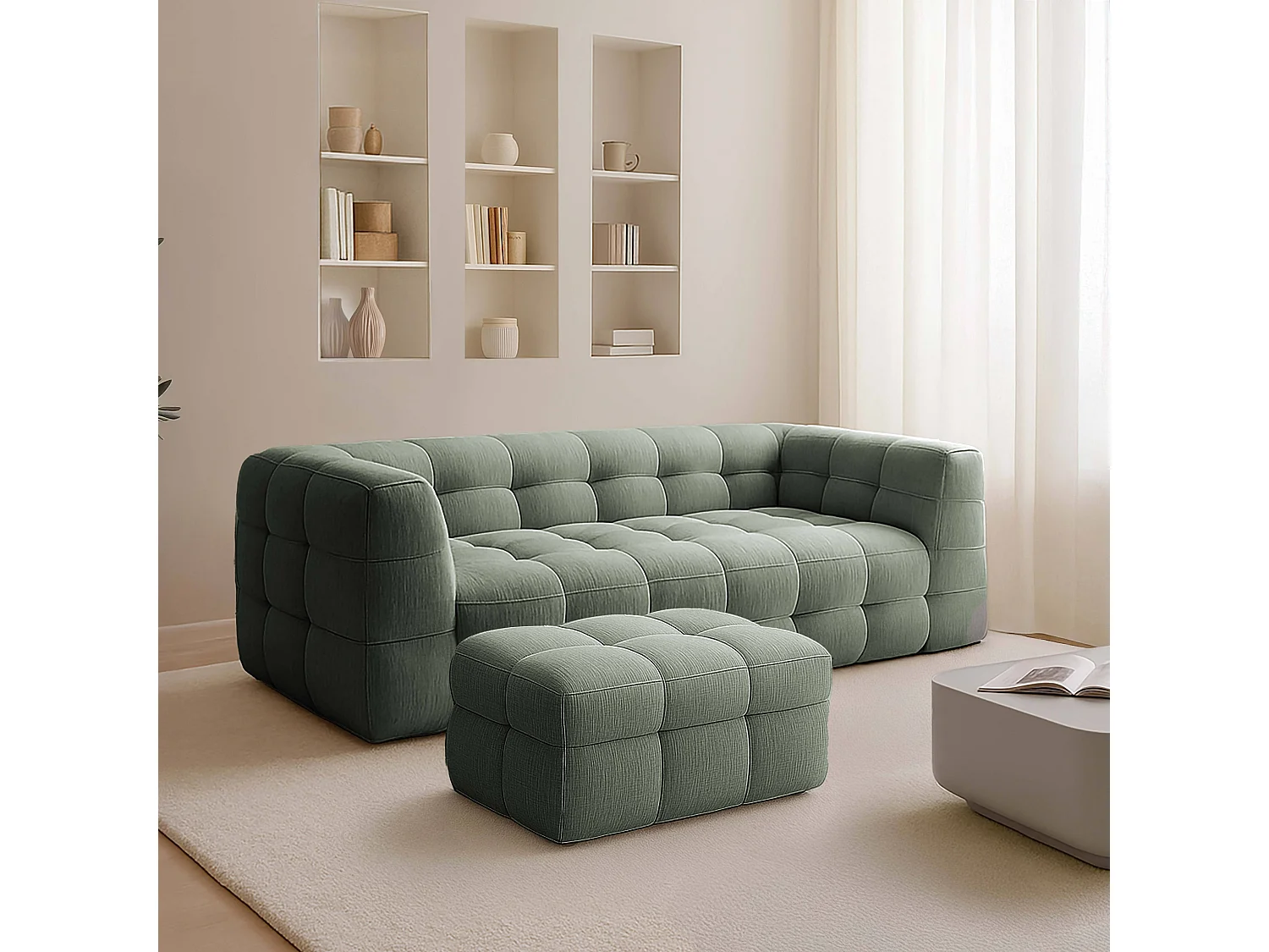 Canapé 3 places en bois et polyester avec pouf vert L228 cm