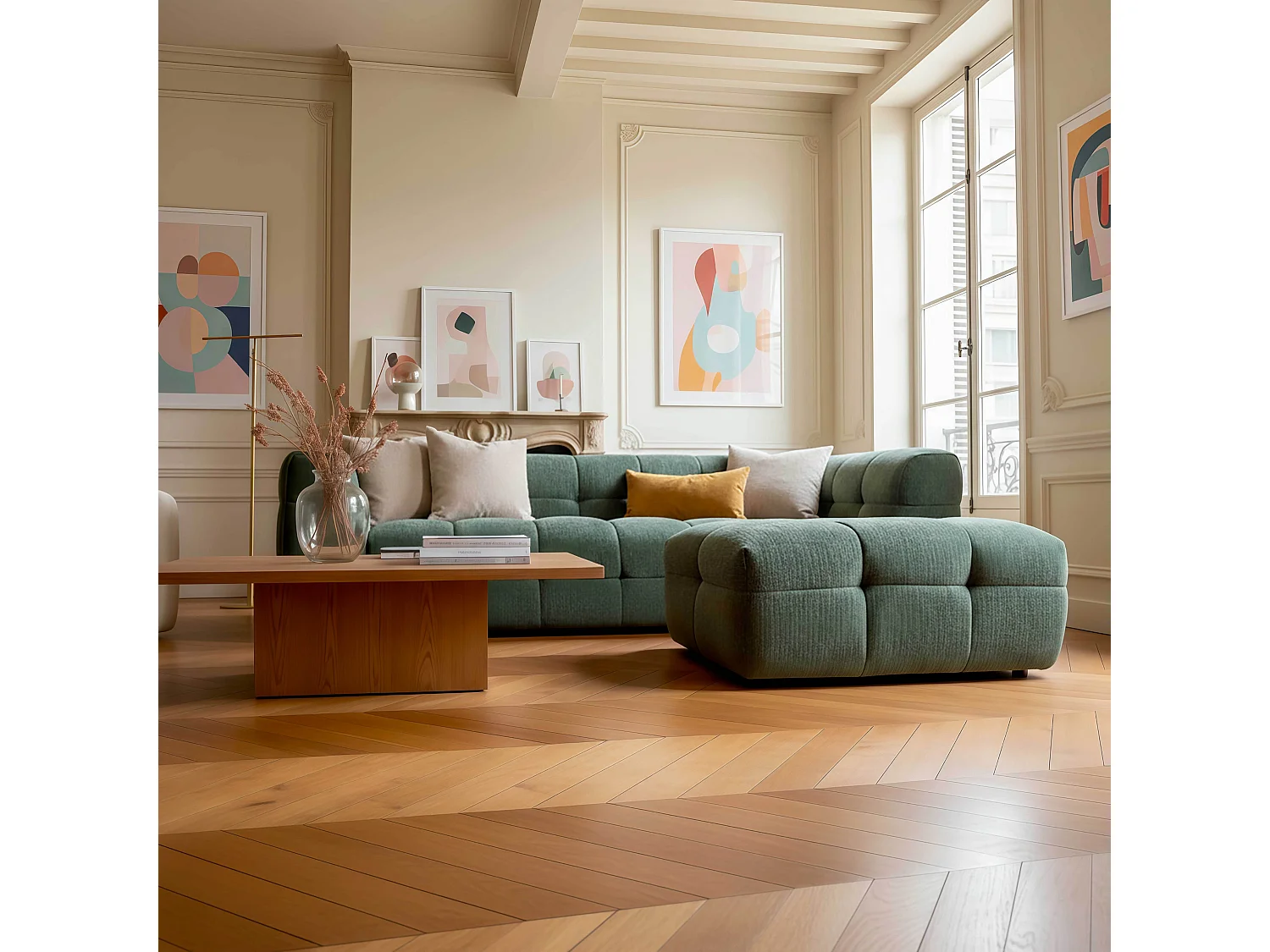 Canapé 3 places en bois et polyester avec pouf vert L228 cm