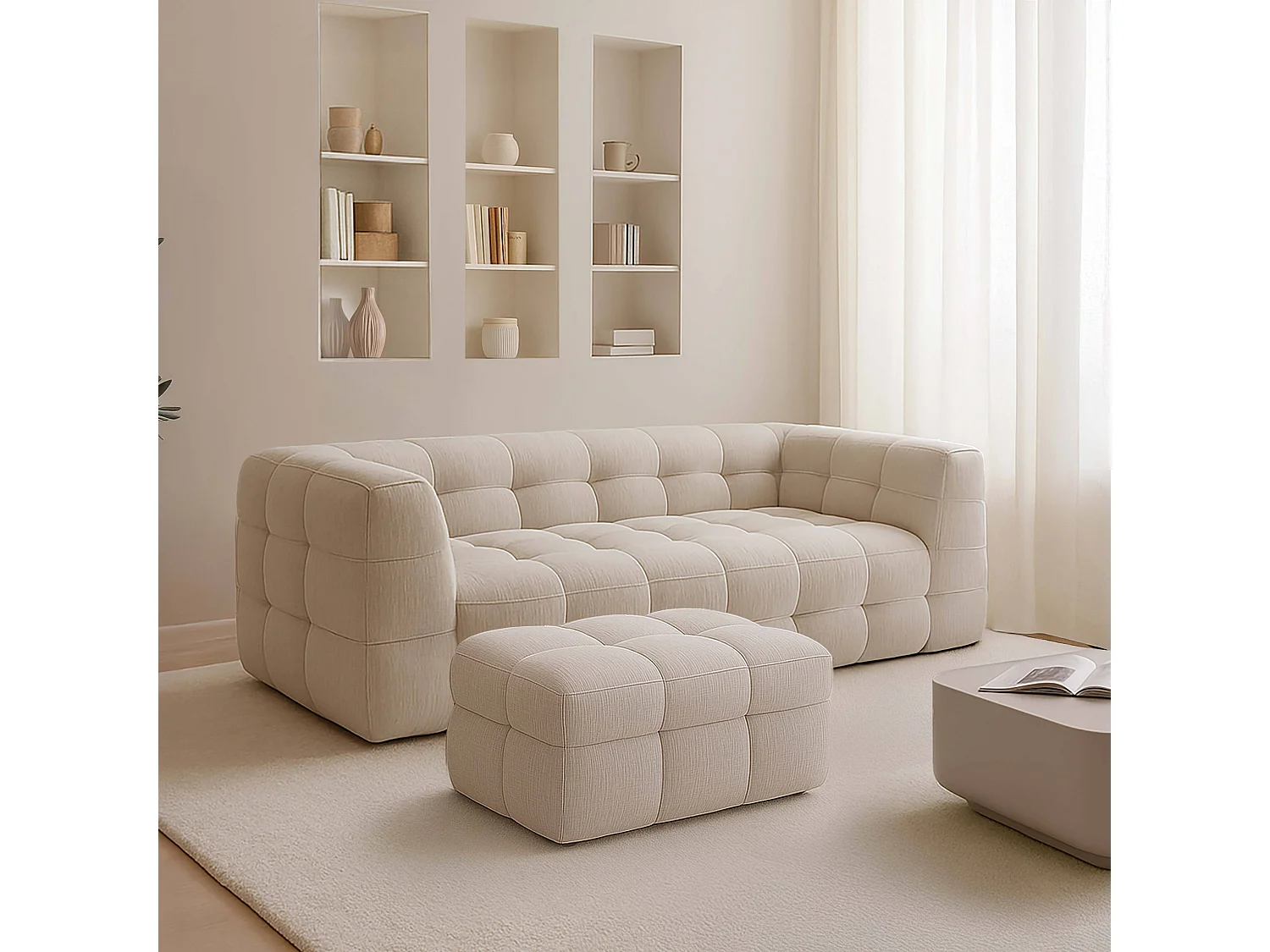 Canapé 3 places en bois et polyester avec pouf écru L228 cm