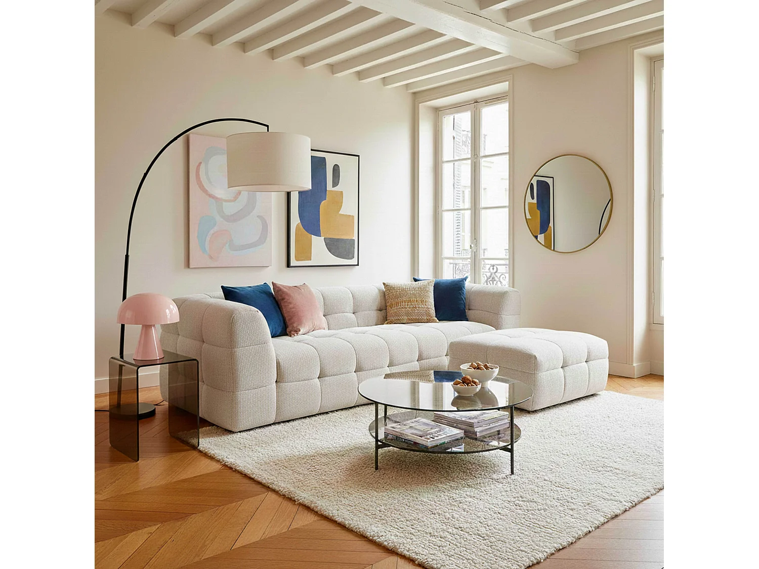 Canapé 3 places en bois et polyester avec pouf écru L228 cm