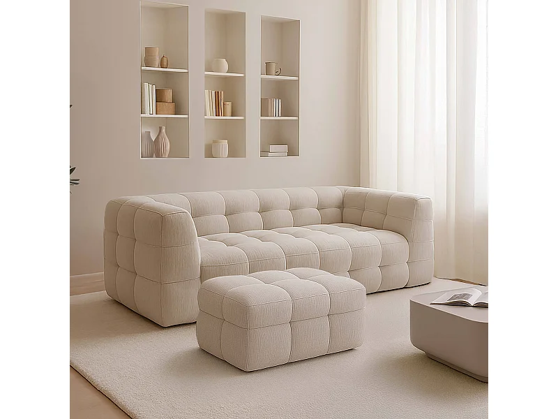 Canapé 3 places en bois et polyester avec pouf écru L228 cm