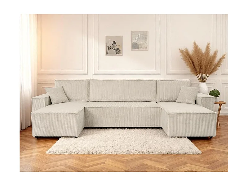 Canapé d'angle FARAH panoramique convertible 6 places en velours cotelé - Beige