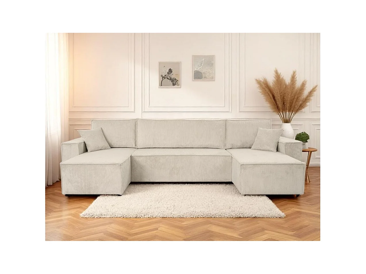 Canapé d'angle FARAH panoramique convertible 6 places en velours cotelé - Beige